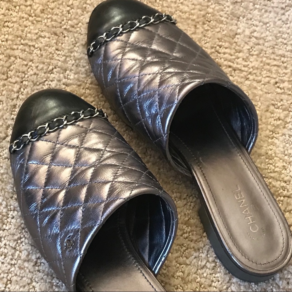 CHANEL Gray Quilted Mules with Metallic Finish